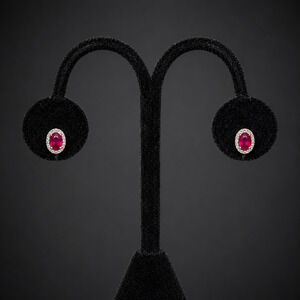 Estate Rubies Diamonds 18k White Gold Halo Earrings Studs Vintage Gift